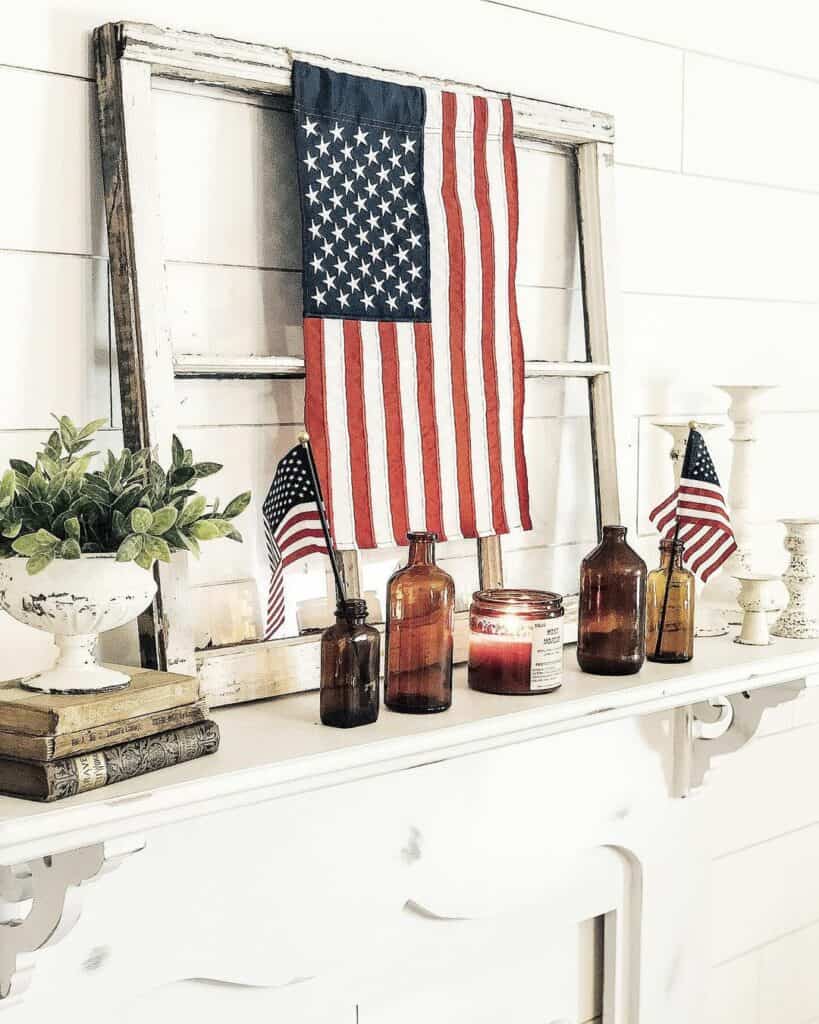 White Faux Fireplace Mantel With American Flags