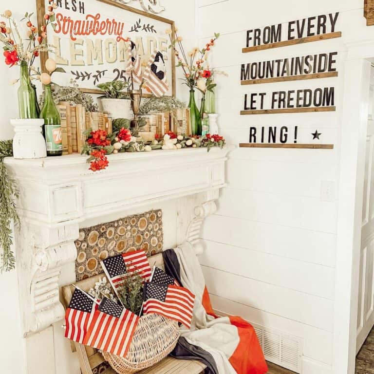 White Faux Fireplace With 4th of July Decorations