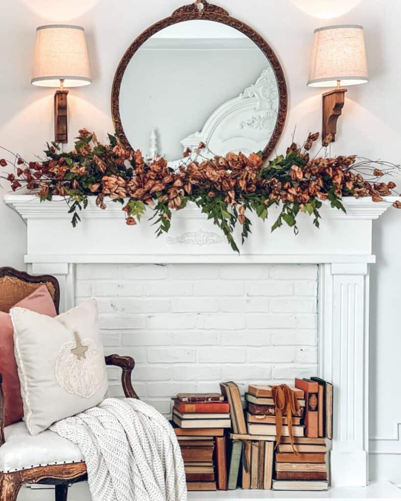 White Faux Fireplace With Leaf Garland Décor