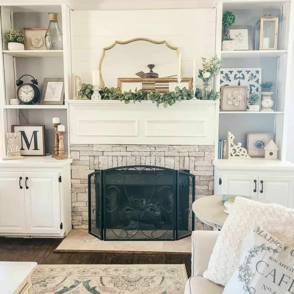 White Fireplace Mantel With Gold Frame Mirrors