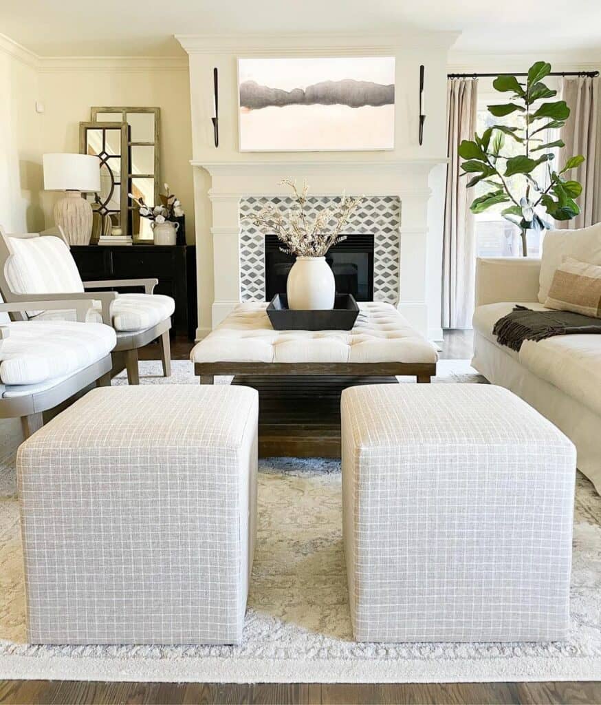 White Fireplace With Diamond-patterned Tile Backsplash