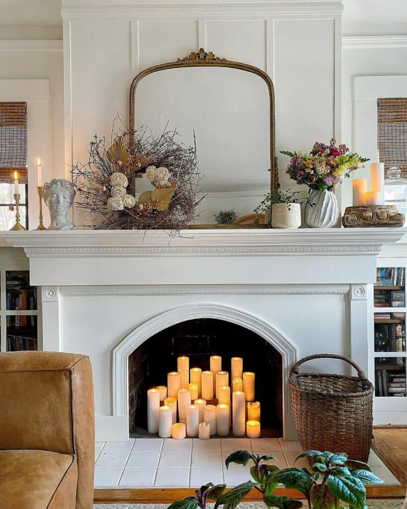 White Fireplace With Floral Summer Mantel Décor