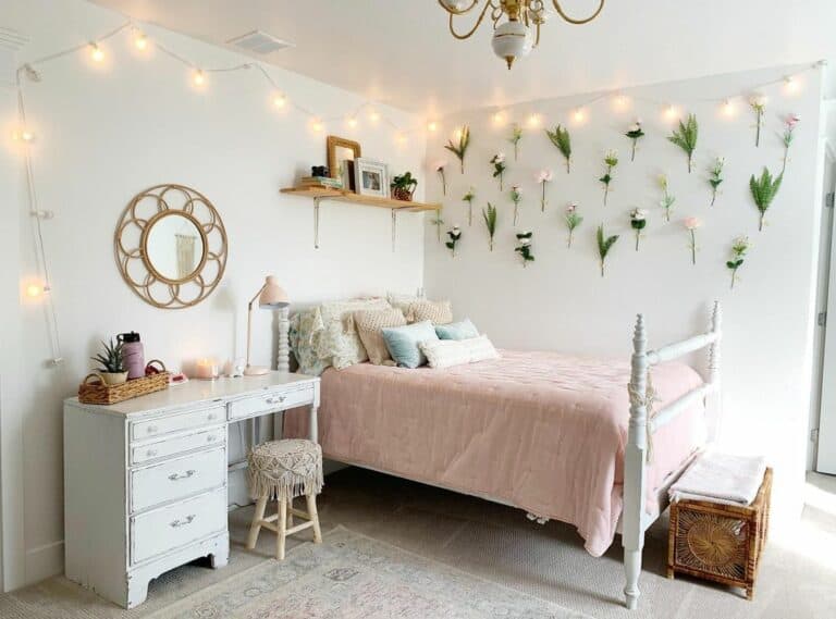 White Flower Display on Bedroom Wall