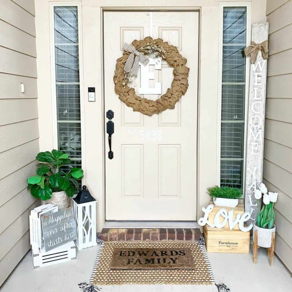 White Front Door With Burlap Wreath