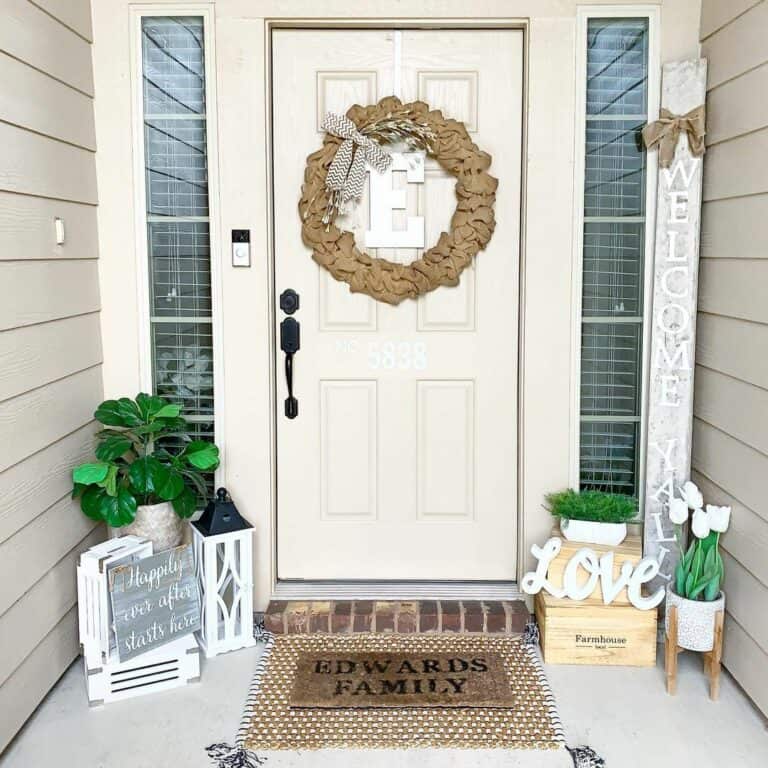 White Front Door With Burlap Wreath