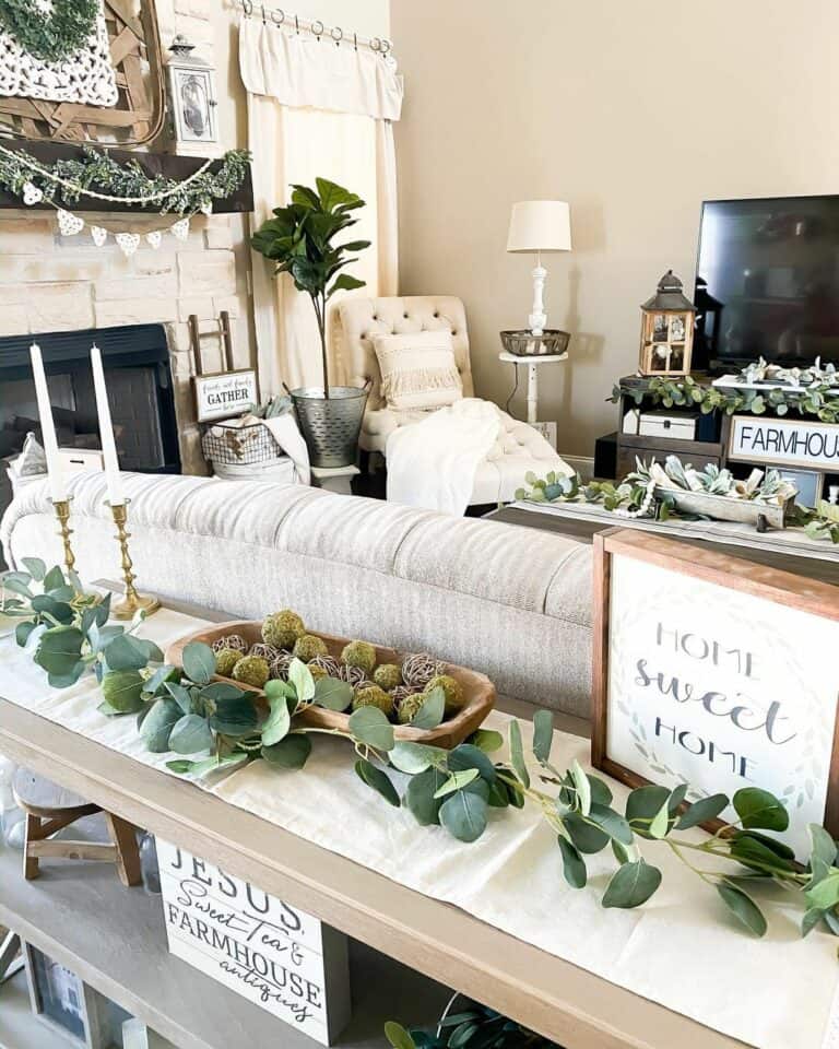 White Heart Banner and a Green Garland on Fireplace Mantel