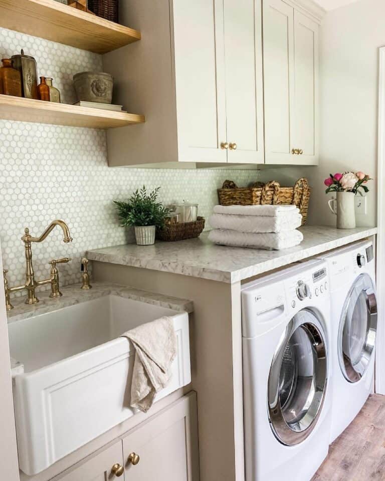 White Hexagonal Tile Backsplash Laundry Room Ideas