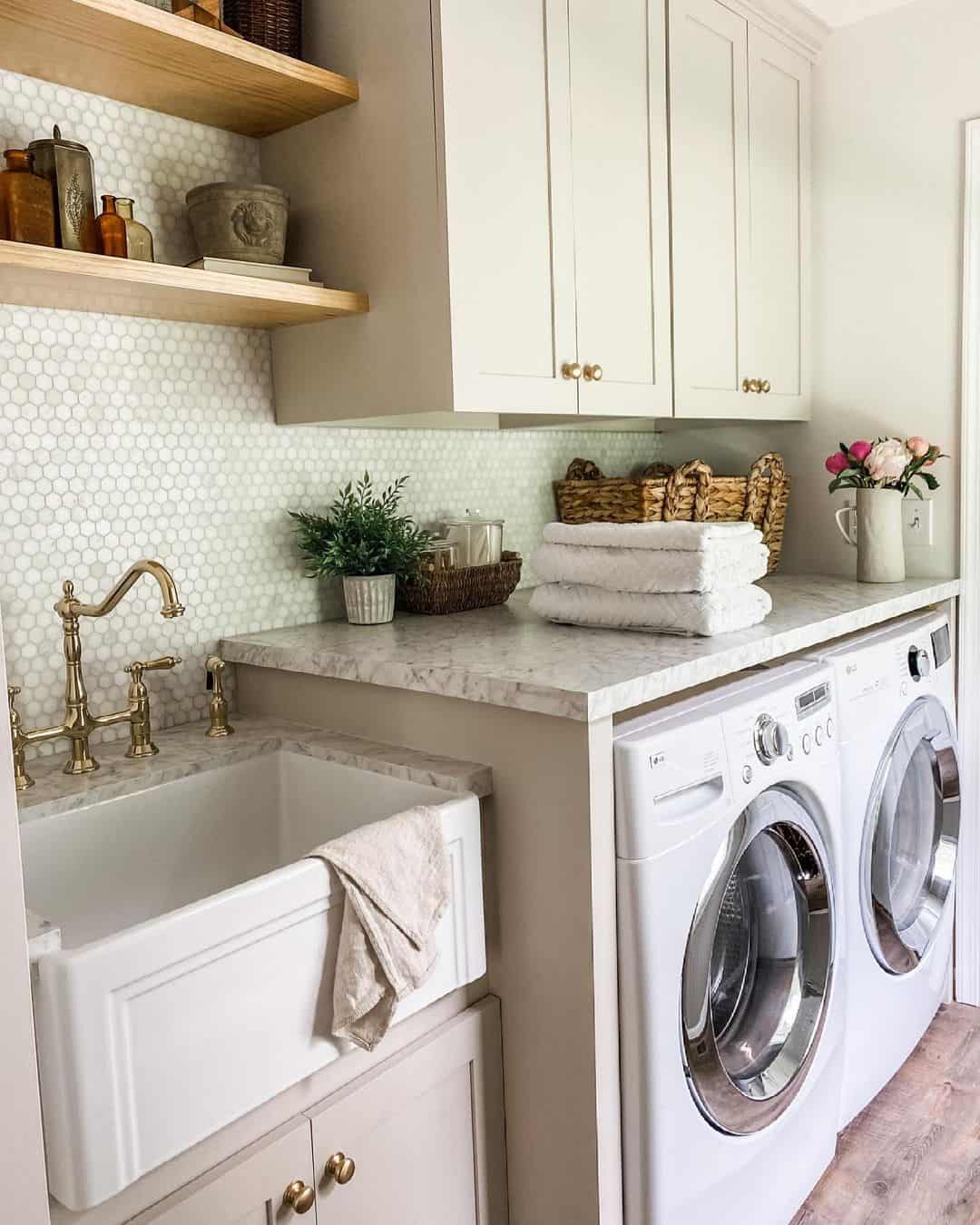 White Hexagonal Tile Backsplash Laundry Room Ideas - Soul & Lane