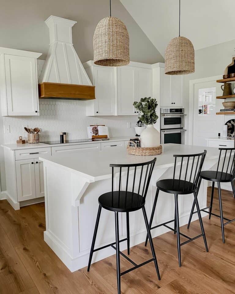 White Kitchen Island With Black Spindle Back Chairs