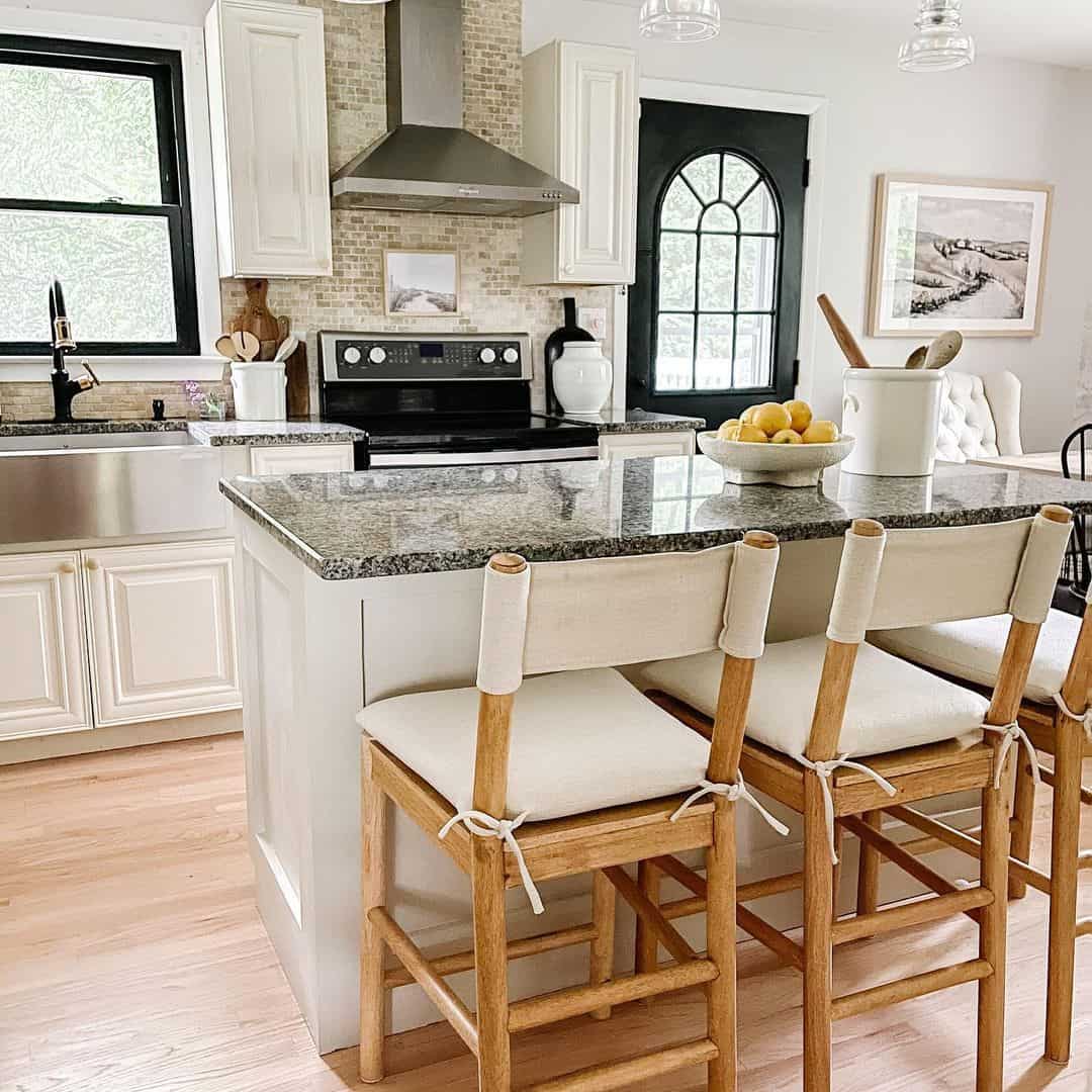 White Kitchen Island With Wooden Bar Chairs - Soul & Lane
