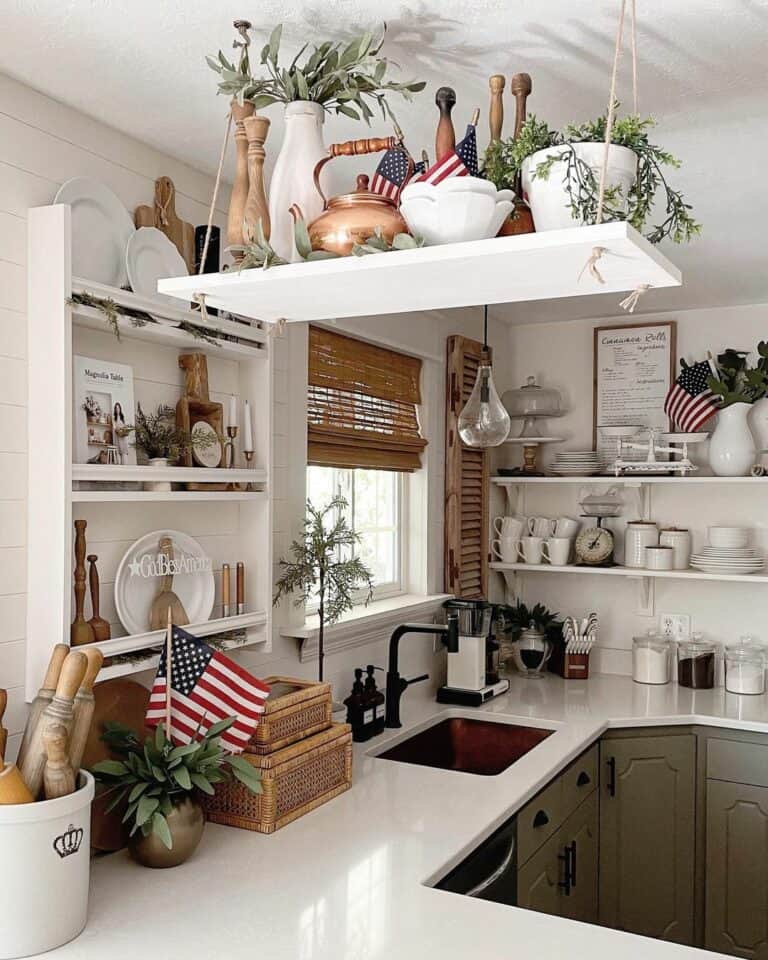 White Kitchen Shelves With 4th of July Decorations