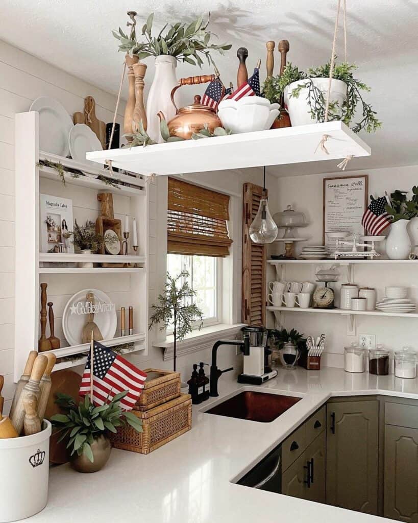White kitchen shelves with 4th of july decorations soul lane