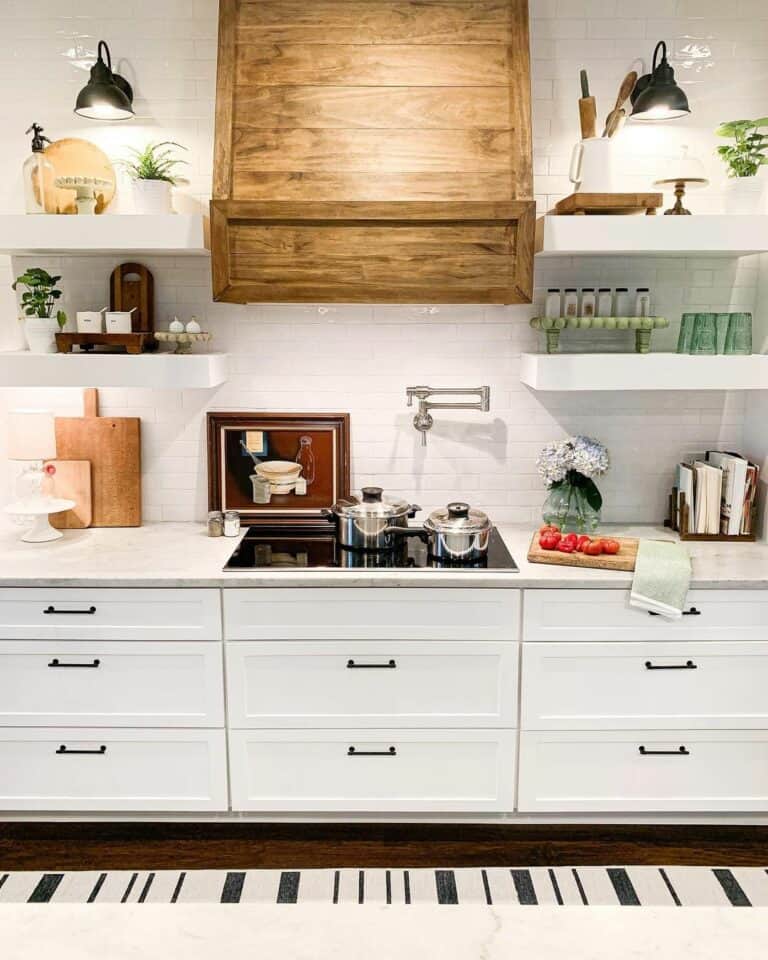 White Kitchen Shelves With Green Accents