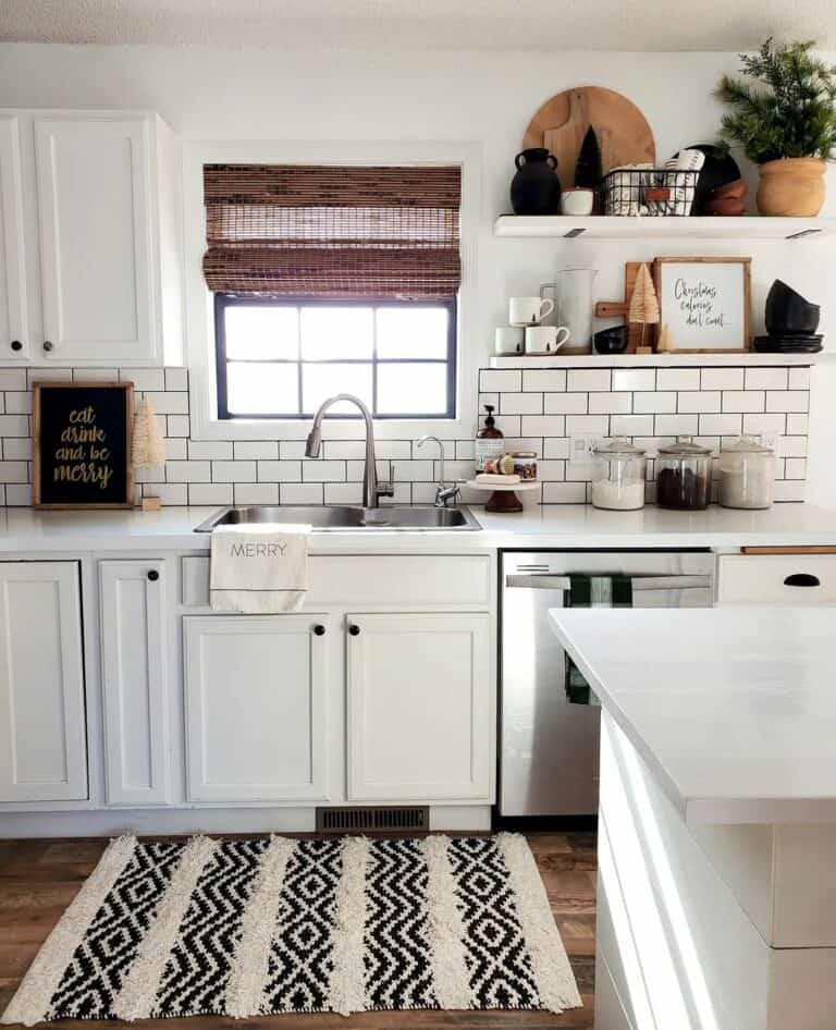 White Kitchen Shelves With Subway Tile Backsplash