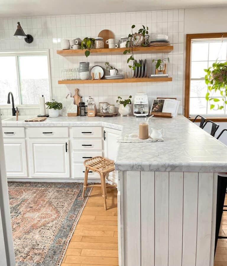 White Kitchen With Light Wood Floating Shelves