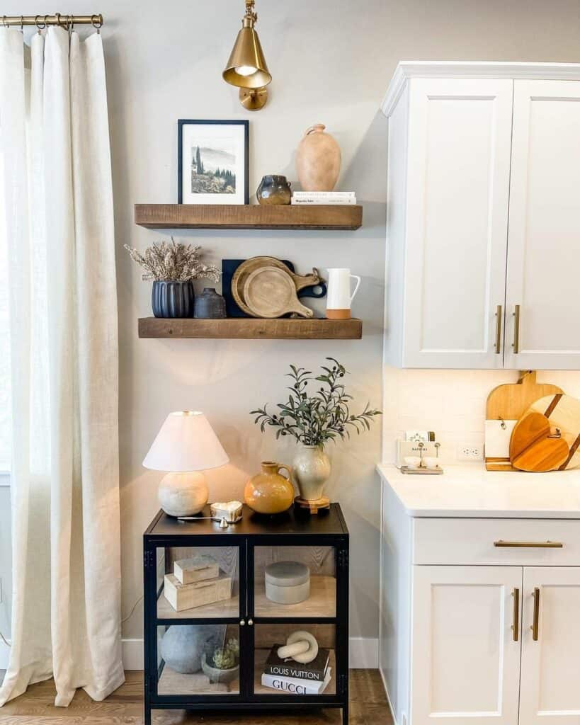 White Kitchen With Warm Wood Floating Shelves Lighting