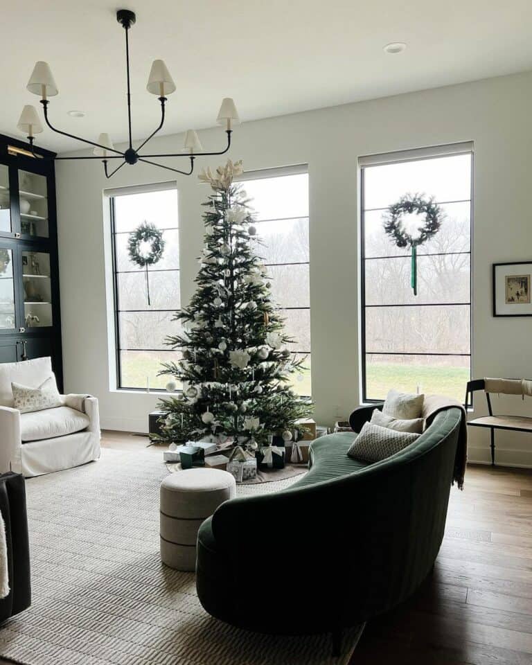 White Living Room Decorated With Christmas Wreaths