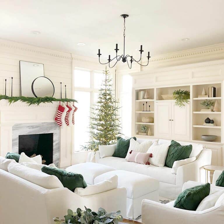 White Living Room Ideas Featuring a Six-light Chandelier