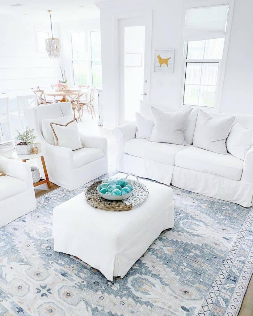 White Living Room With Aqua Rug