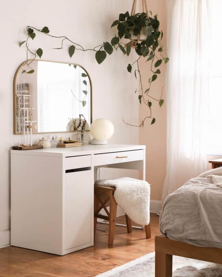 White Makeup Vanity With Gold Mirror