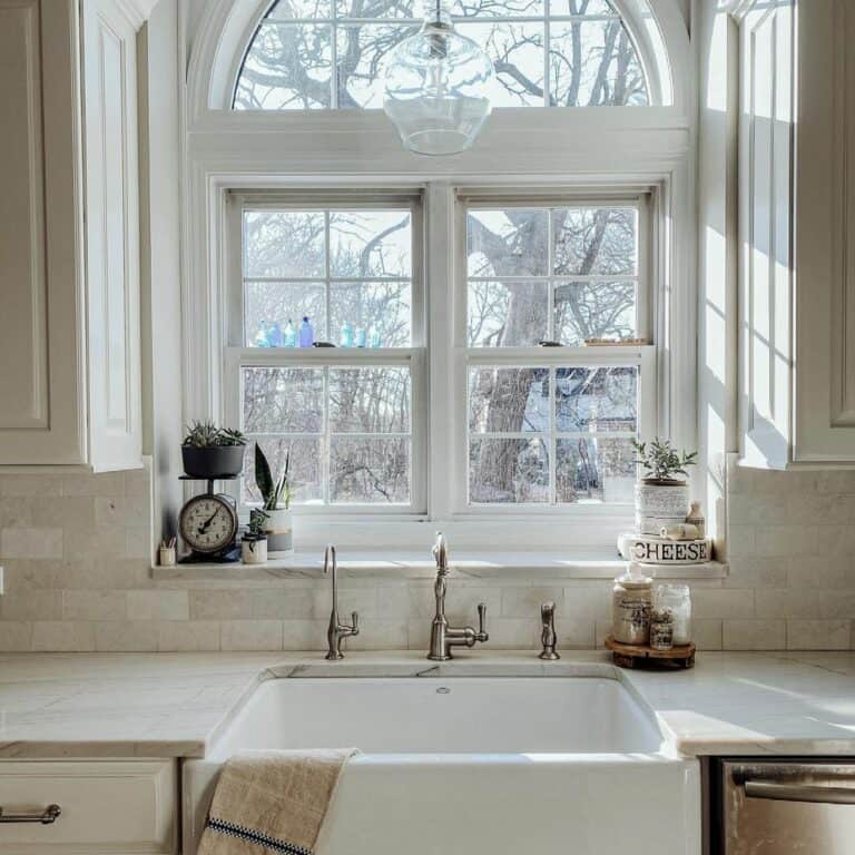 White Minimalist Kitchen Window With Decorative Grid Pattern