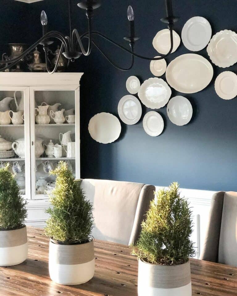White Plates on a Navy Blue Accent Wall