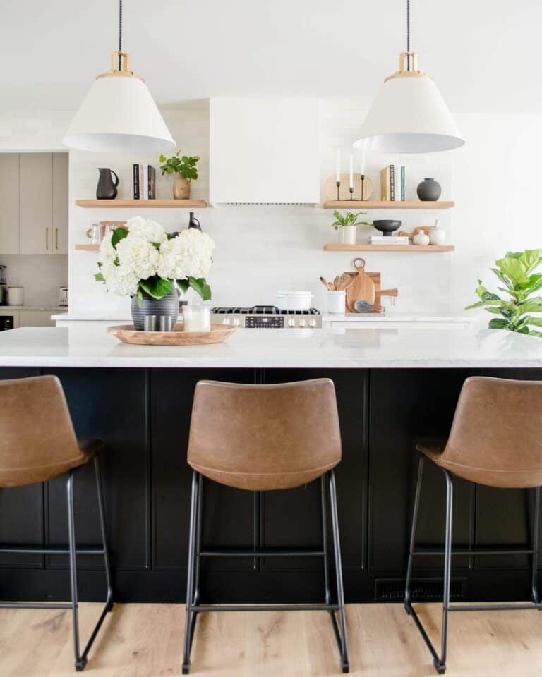 White Range Hood With Light Wood Open Shelving