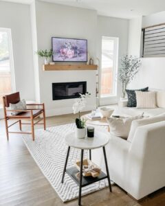 White Sectional Faces Modern Fireplace TV Wall