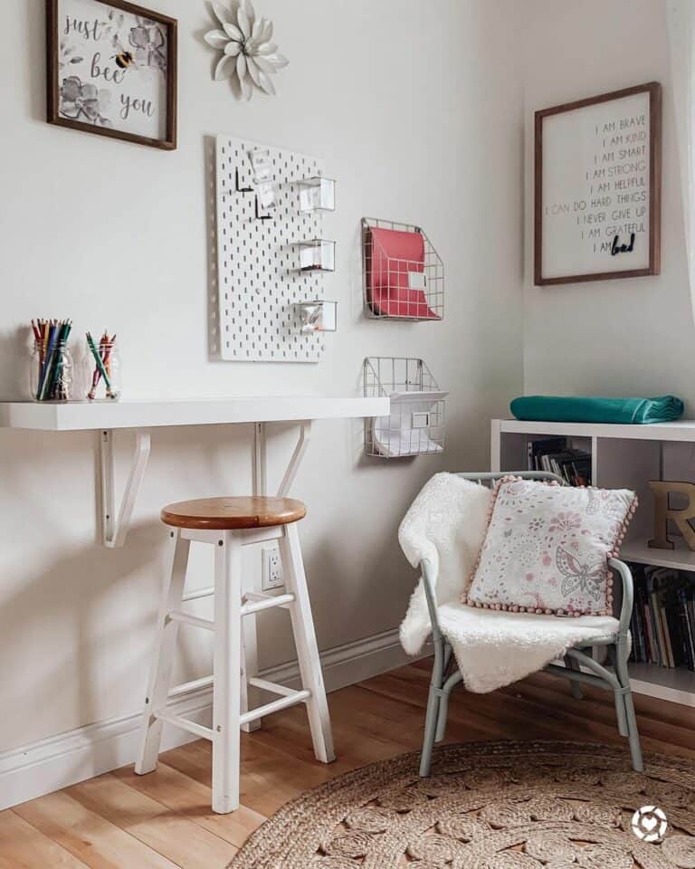 White Shelf Desk and a Light Gray Chair