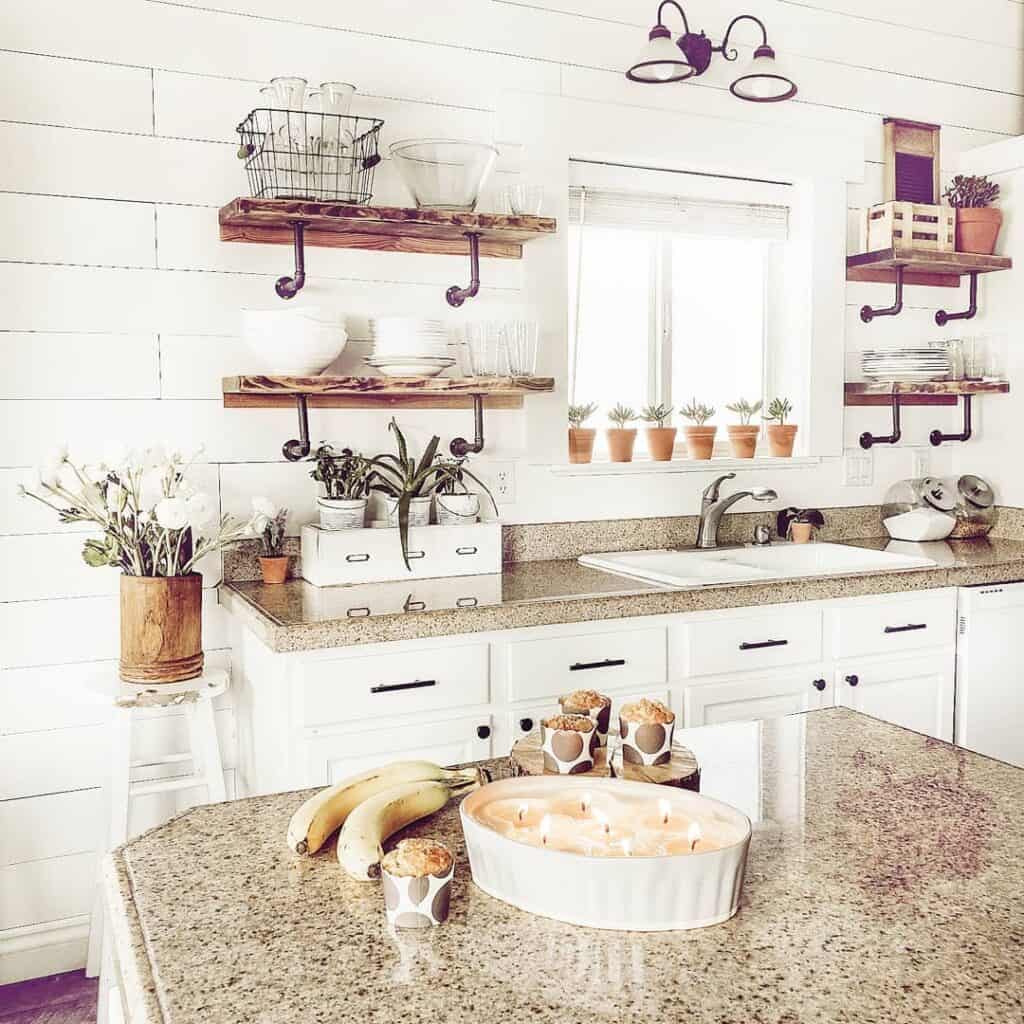 White Shiplap Kitchen With Wood Open Shelving
