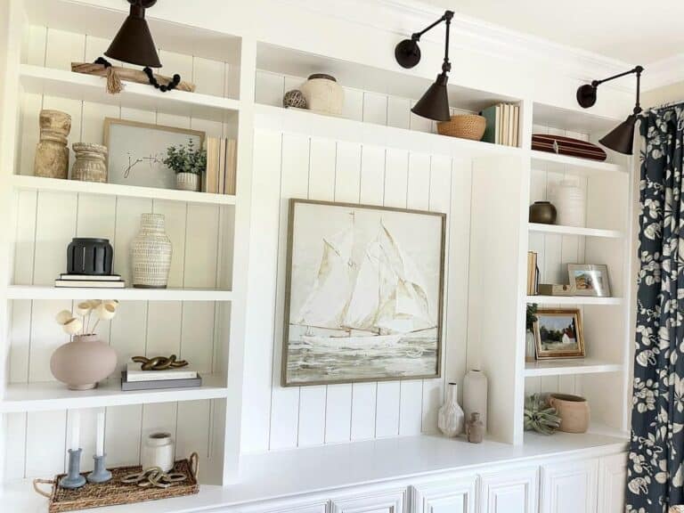 White Shiplap Living Room Built-in Shelving Lighting