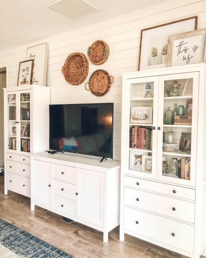 White Shiplap Living Room With White Cabinets
