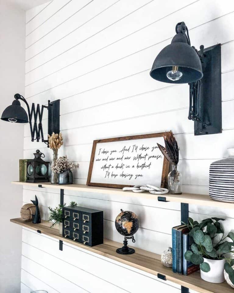 White Shiplap Wall Floating Shelves Lighting Ideas