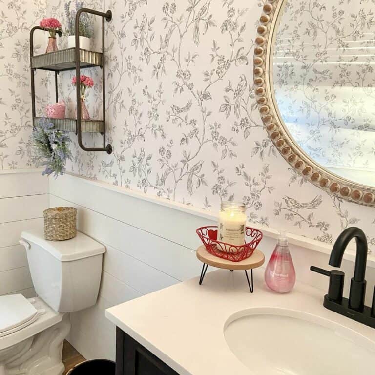 White Shiplap With Floral Black and White Wallpaper
