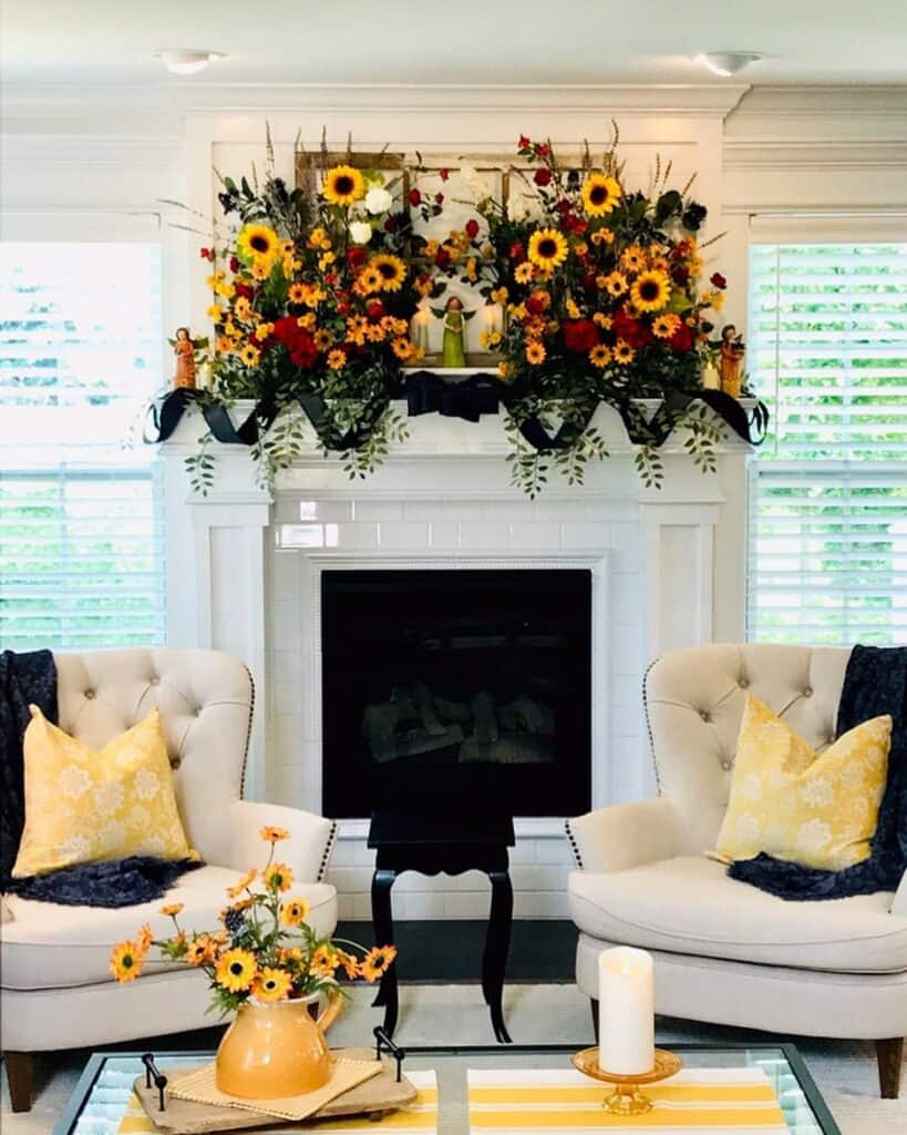 White Subway Tile Fireplace With Sunflower Mantel Décor