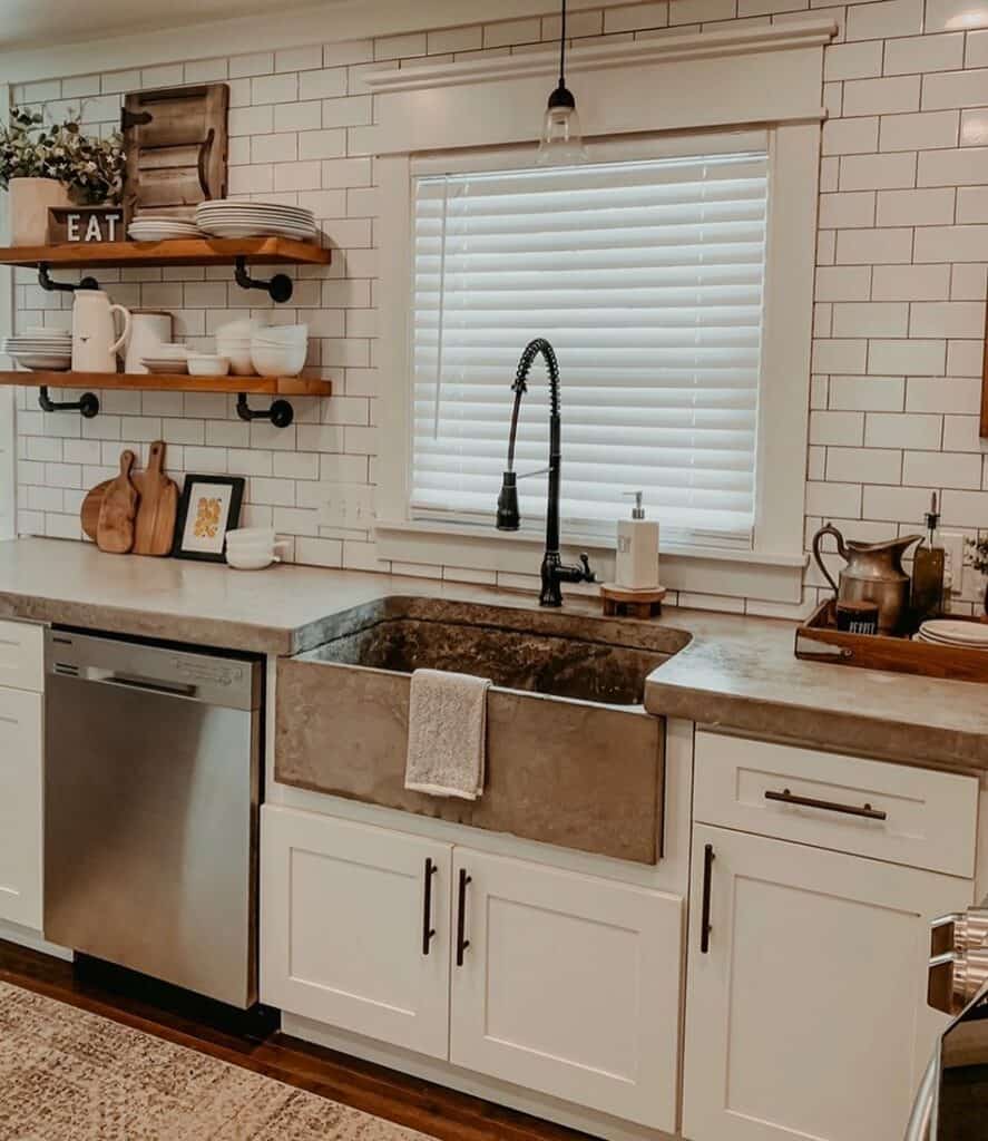 White Subway Tile Kitchen With Wood Open Shelves