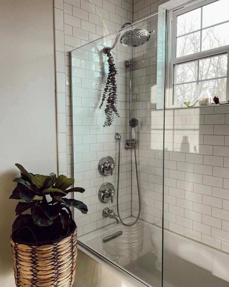 White Subway Tile Small Shower and Tub Combo