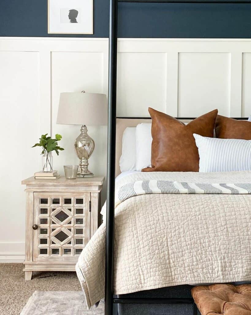 White Wainscoting on Navy Blue Bedroom Wall