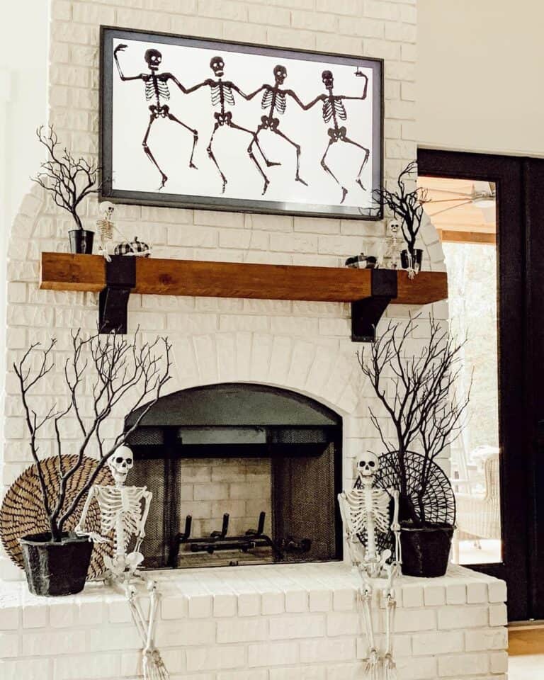 White and Black Holiday Décor for a White Brick Fireplace