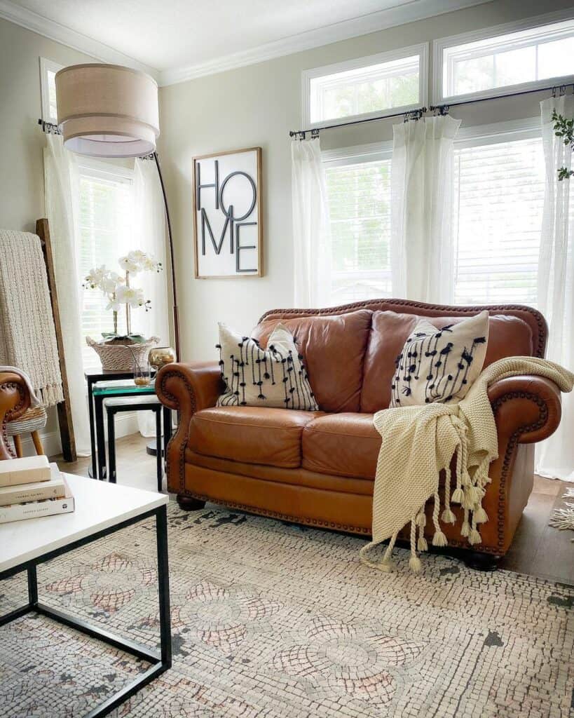 White and Black Pillows for Brown Leather Sofa