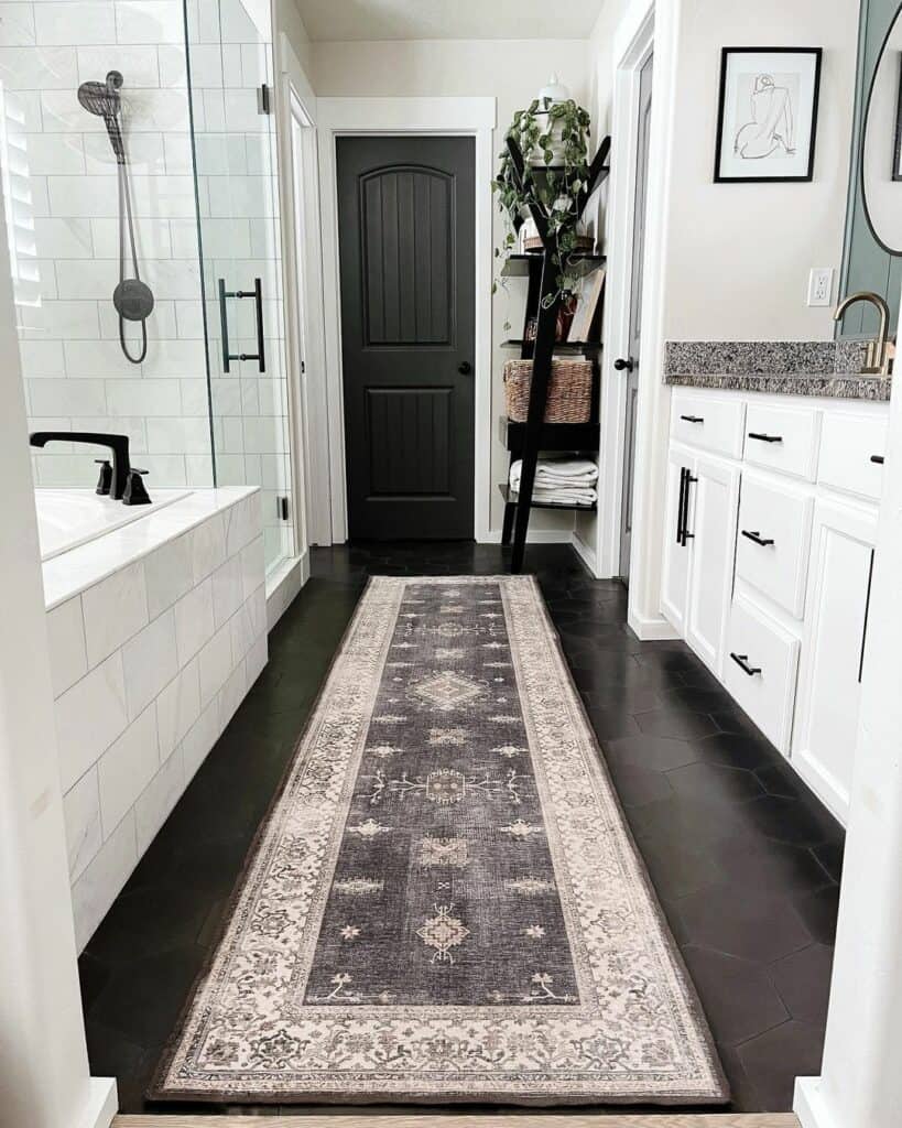 White and Gray Marble Tile Shower With Glass Enclosure