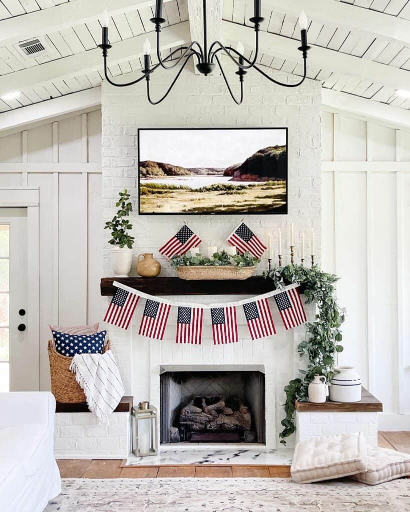 White-painted Brick Fireplace With Fourth of July Décor