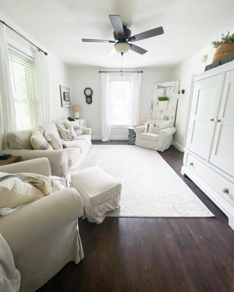 White-themed Living Room With Woooden Touches
