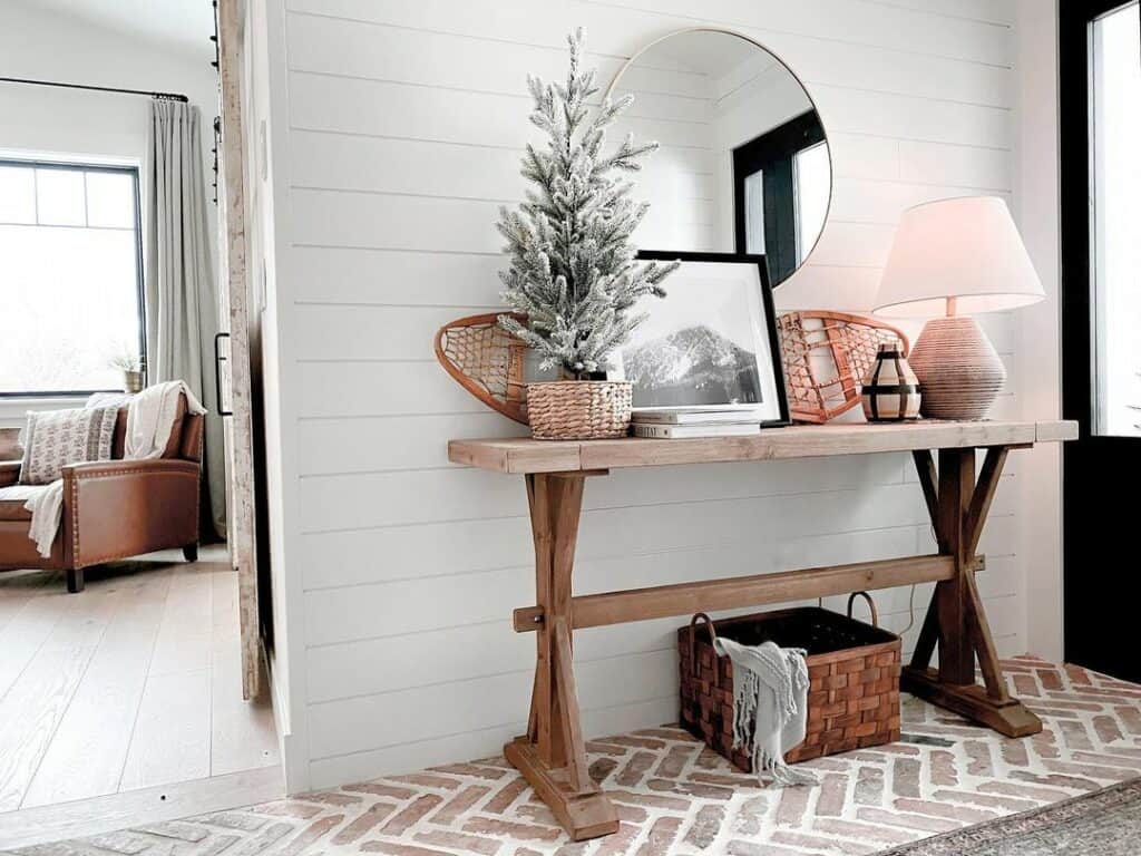 Wintery Entryway Table on Herringbone Brick Floor