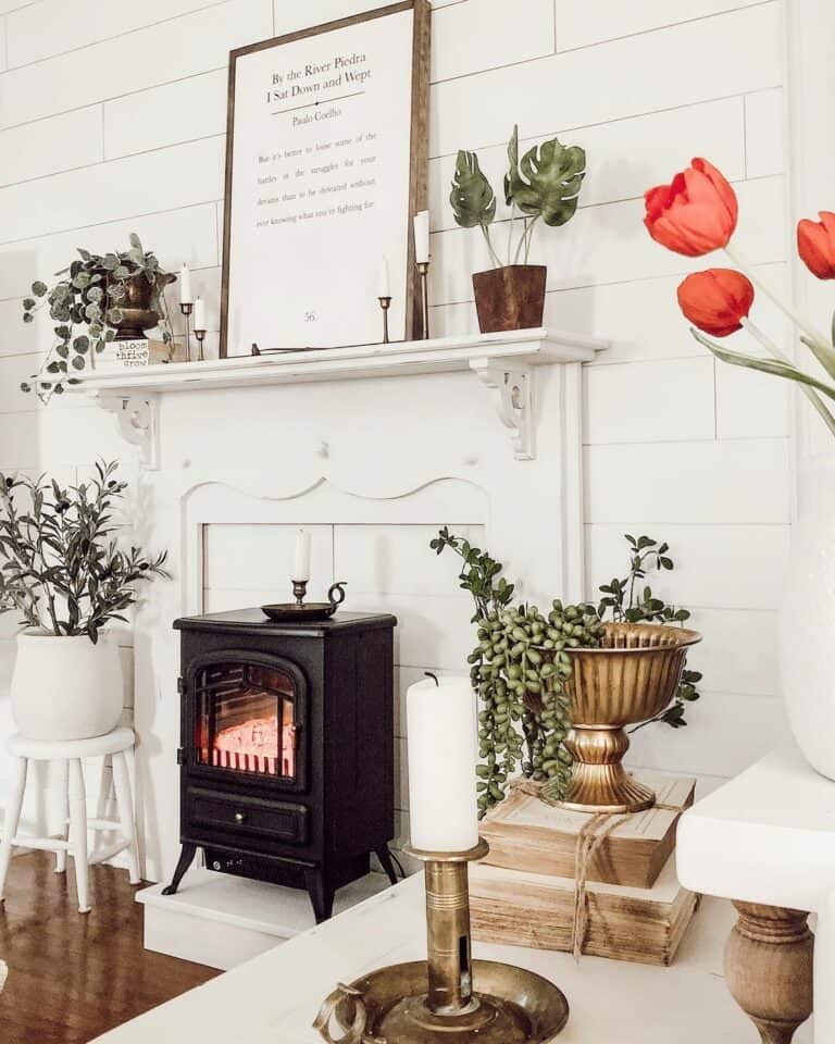 Wood Burning Stove Fireplace With Greenery Spring Décor