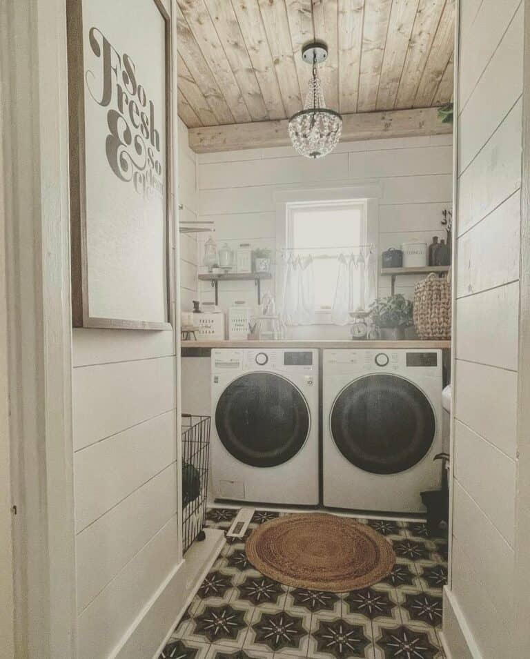 Wood Ceiling Laundry Room With Patterned Tile Floor