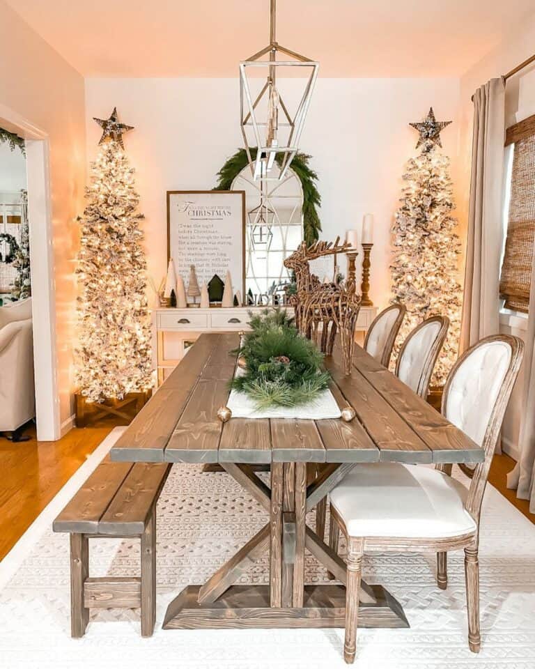 Wood Dining Table With Rattan Reindeer Decorations
