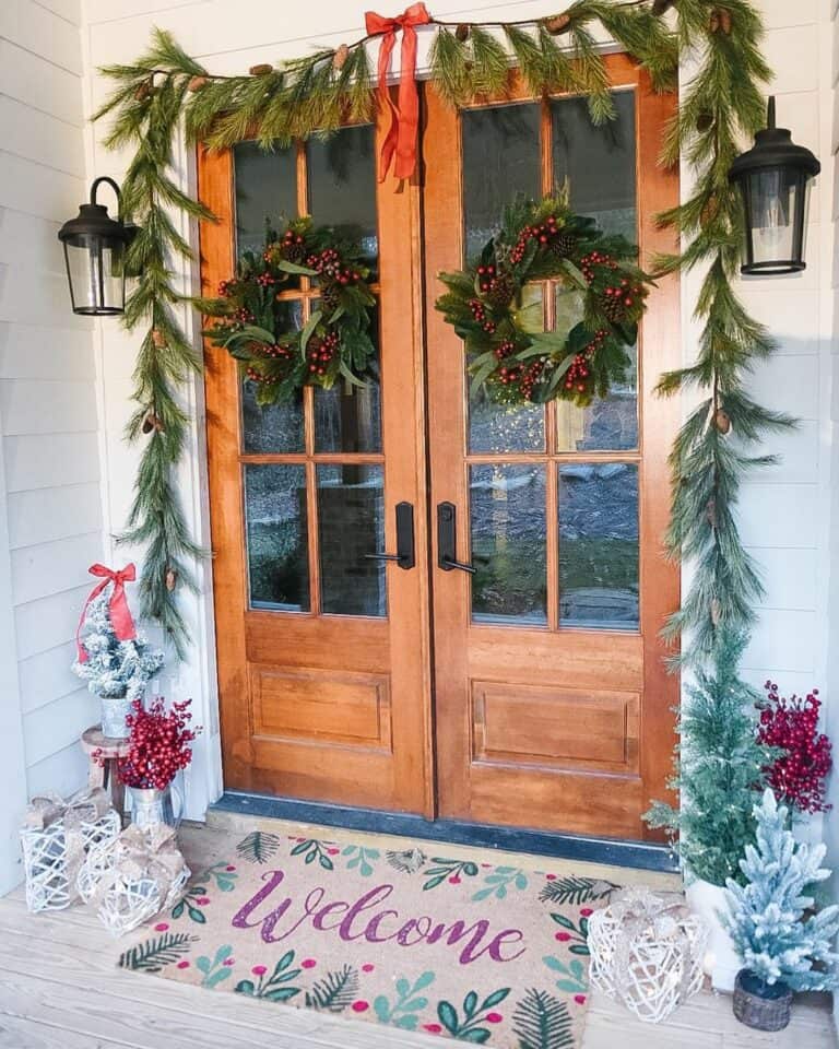 Wood Double Doors With Christmas Entrance Door Décor