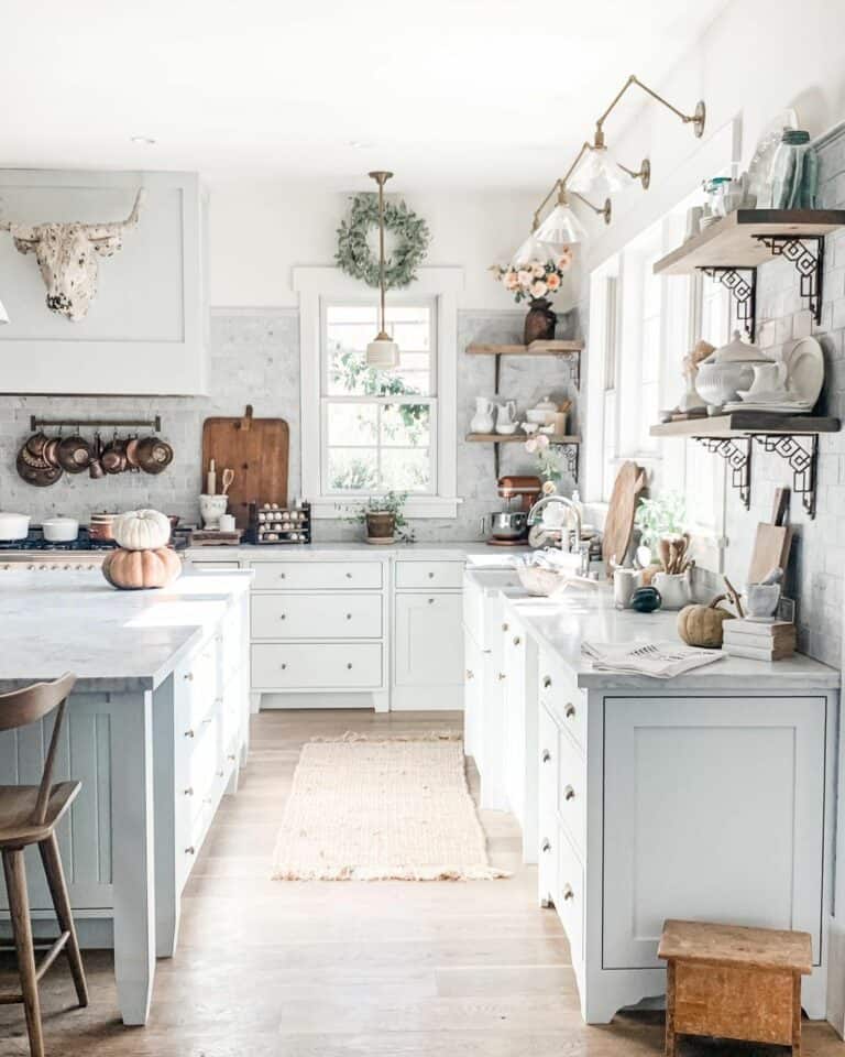 Wood Open Shelves With Black Metal Corbels