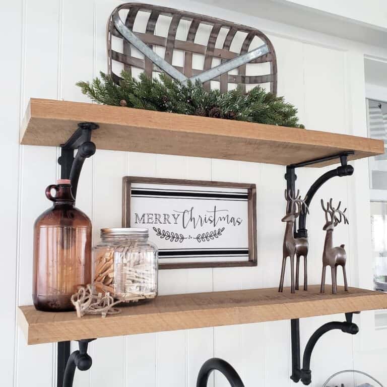 Wood Shelves With Bronze Reindeer Christmas Decorations